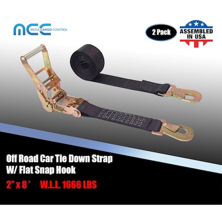 Tie 4 Safe 2" x 8' Ratchet Tie Down Strap w/ Flat Snap Hook Car Auto Hauler Tow Truck Black, 2PK RT48-8-BLK-C-2